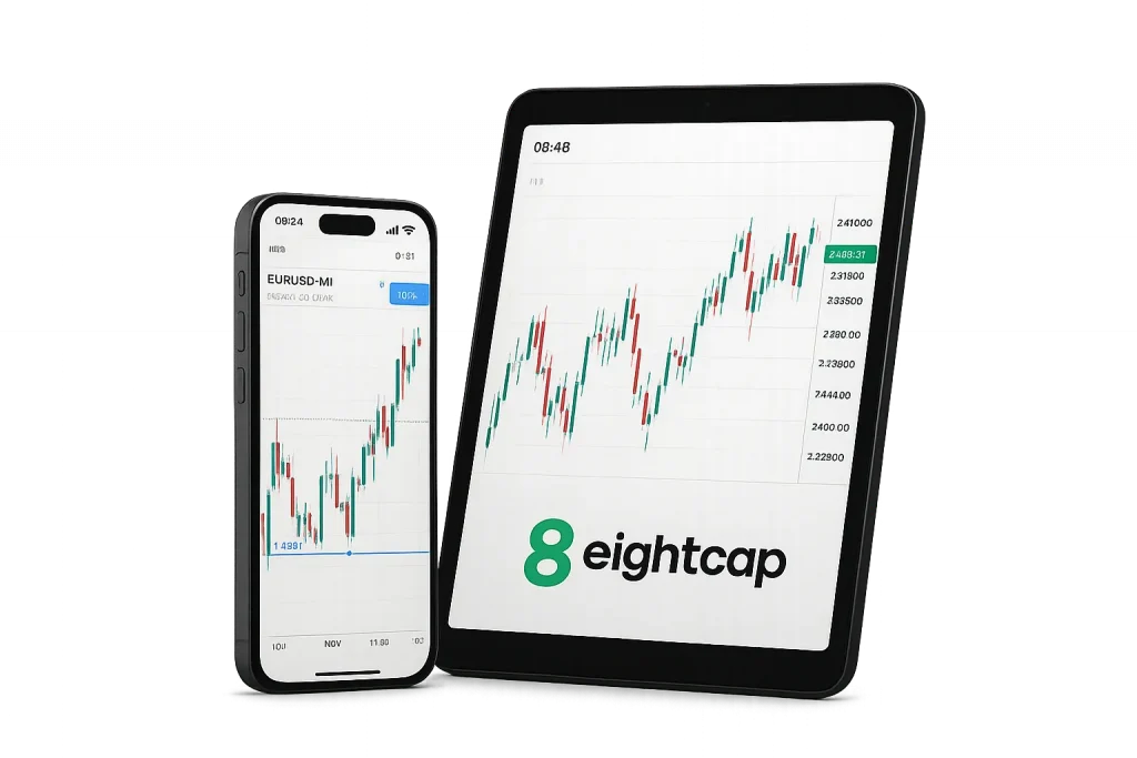 Eightcap India trading platform on smartphone and tablet showing live forex charts